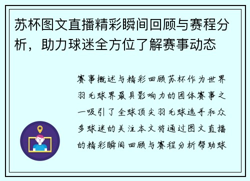 苏杯图文直播精彩瞬间回顾与赛程分析，助力球迷全方位了解赛事动态