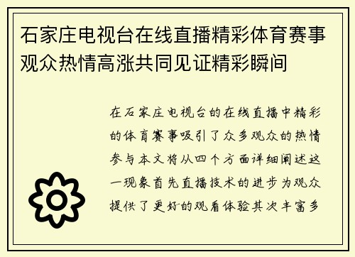 石家庄电视台在线直播精彩体育赛事观众热情高涨共同见证精彩瞬间